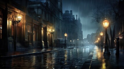 Fototapeta na wymiar a city street at night with a person walking down the street. generative ai