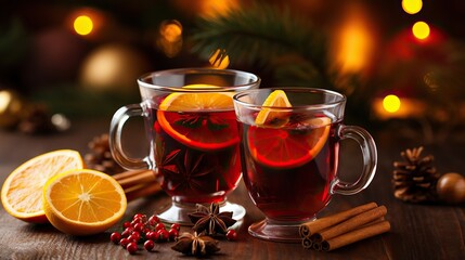 Christmas mulled red wine with spices and fruits on a wooden rustic table. Winter traditional hot drink. Blured background.