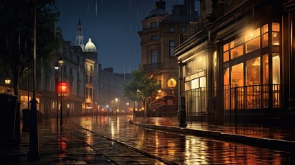  a city street at night with rain falling on the ground.  generative ai