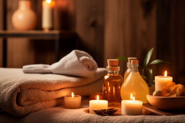 Obraz na płótnie Canvas A beautiful massage room for complete relaxation. Candles, oil and towels create a wonderful relaxing atmosphere.
