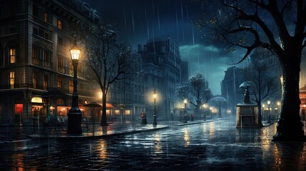 a rainy night in a city with people walking down the street.  generative ai