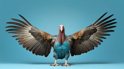 country turkey  in flight isolated on blue background - obrazy, fototapety, plakaty