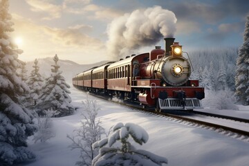 Express train traveling through snowy pine forest. Magical winter holidays journey. New Year and Christmas concept. Design for greeting cards, posters, wallpapers