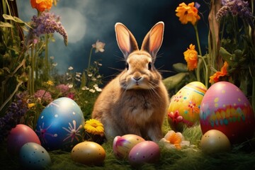 Fototapeta na wymiar Festive Easter Scene with Colorful Eggs and Rabbit