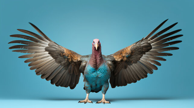 country turkey  in flight isolated on blue background