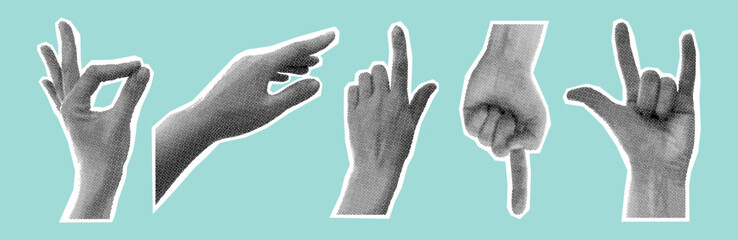 Retro halftone hands set. Gesture signs. Modern forms for print on clothes, banner, poster, card. Contemporary vector illustration