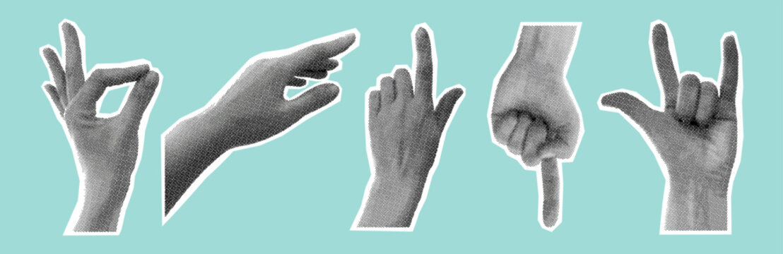 Retro halftone hands set. Gesture signs. Modern forms for print on clothes, banner, poster, card. Contemporary vector illustration
