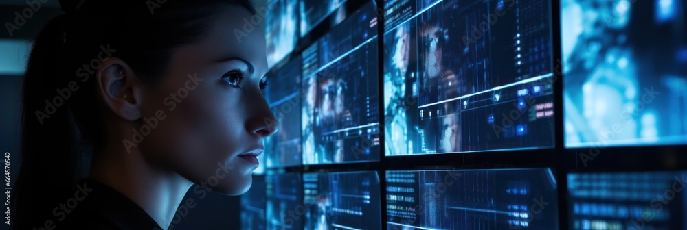 Poster analyst, engrossed, tackles vast live-data screen, ai analytics amplifying insight