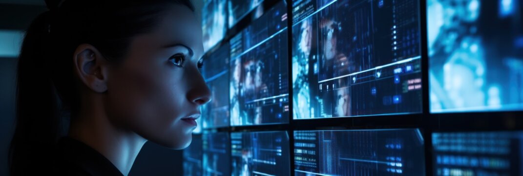 Analyst, engrossed, tackles vast live-data screen, AI analytics amplifying insight