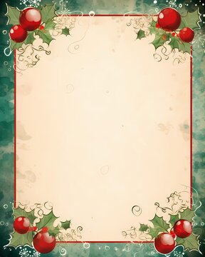 Diseño vintage fondo de tarjeta de navidad con bordes verdes, elementos decorativos navideños florales y espacio para texto o imágenes