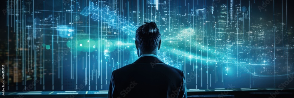 Poster Gigantic screen, a tableau of AI's swift analytics, commands analyst's gaze