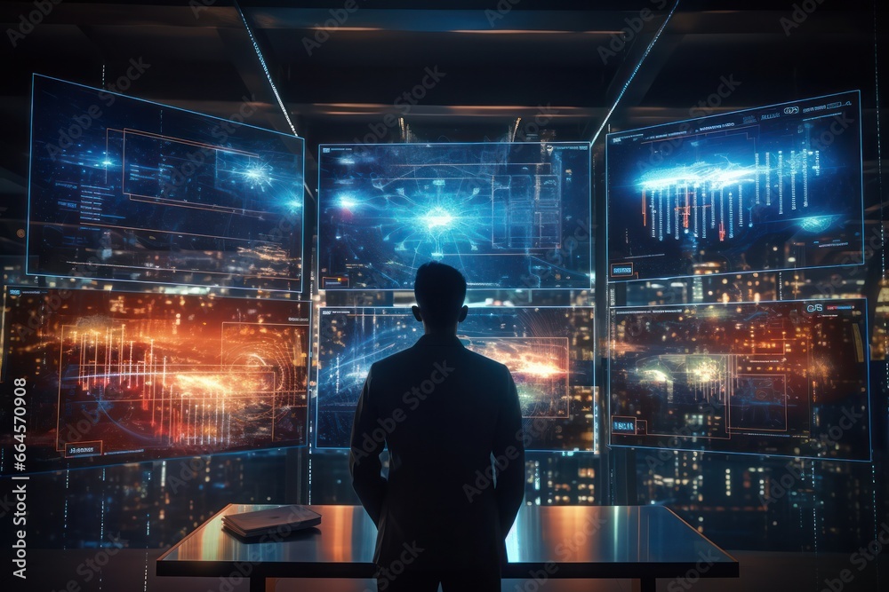 Poster data analyst probes vast screen, ai-powered visuals showcasing real-time analytics prowess