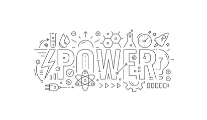 technical drawing power concept. power word and power symbols. outline power word