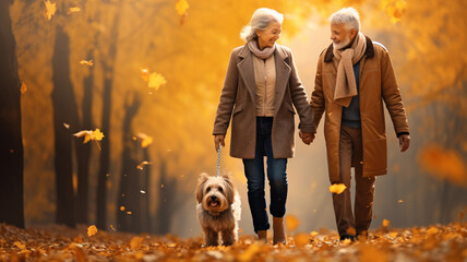 happy elderly couple walking together with their dog in the park in autumn