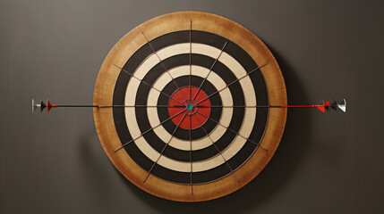 A dartboard on a wall, with darts lined up beside it  - obrazy, fototapety, plakaty