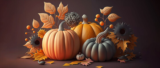 Thanksgiving Day. Autumn. Assorted pumpkins on a wooden table. Banner. Generated AI. Edited in Photoshop