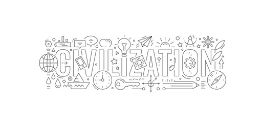 technical drawing symbols of civilization and civilization. outline civilization concept. contour civilization word