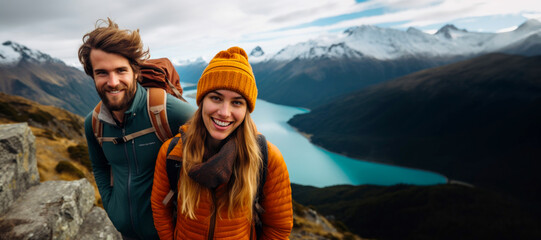 Two hikers with joyful expressions standing in front of a picturesque mountain and lake backdrop