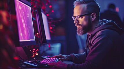 A male trader at work on a computer with a multi-monitor workstation with various charts and digital data. Operational data analysis. Design for banner, flyer, poster, cover or brochure.