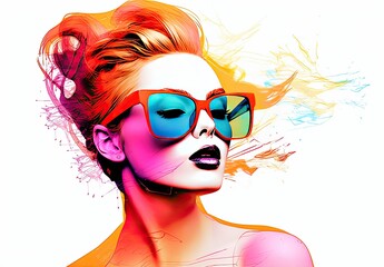 Beautiful young woman in sunglasses. Fashionable image of the model. The female image is drawn. Illustration for poster, cover, brochure, card, postcard, interior design or print. - obrazy, fototapety, plakaty