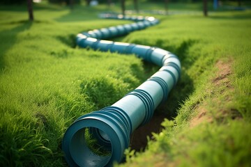 Irrigation pipes for reusing waste water in parks, golf courses, and lawns to conserve water. Generative AI