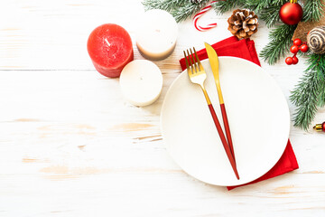 Christmas table with holiday food background.