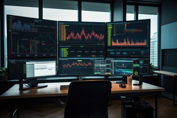 Modern analyst engages with AI's financial foresights on multi-monitors, redefining stock trading - obrazy, fototapety, plakaty