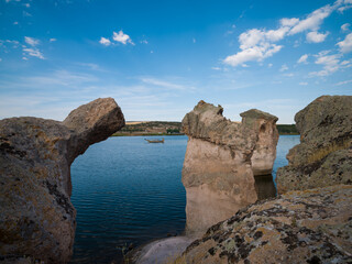 Historical Forty Stairs Rock and Phrygian rock chambers by Lake Emre. Phrygian valley. Travel...