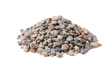 Pile of gravel or crushed stone for construction on white isolated background