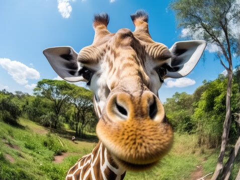 Close-up portrait of a giraffe. Detailed image of the muzzle. A domestic animal is looking at something. Illustration with distorted fisheye effect. Design for cover, card, postcard, decor or print.