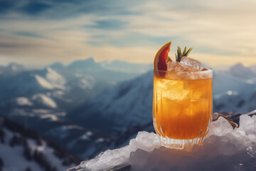 Winter drink. Winter orange cocktail in the snow, on the background of snowy peaks.