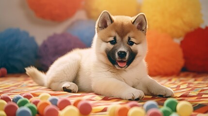 Playful Akita Inu Puppy with Colorful Toy