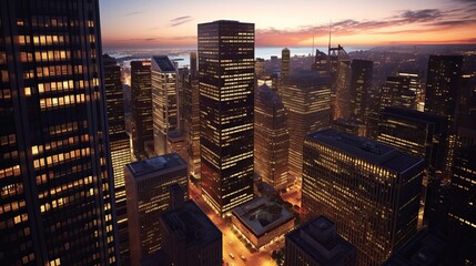 City Financial District Skyline at Sunset