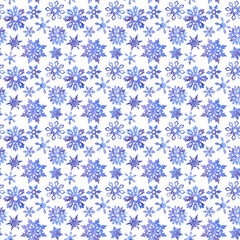 Seamless pattern watercolor filigree snowflakes with aquarelle texture violet blue splatters,dots,splashes in different shapes on white background.Backdrop for christmas,new year,X-mas