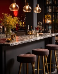 Fototapeta na wymiar Luxurious Kitchen Elegance: Dark Interior with Red Chairs and Polished Marble Countertop