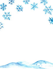 Christmas new year xmas mock up with copy space and watercolor snowdrifts, snow and snowflakes.Winter background snowfall
