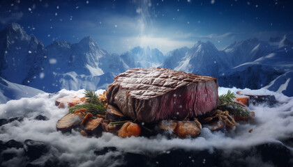 A huge piece of steak against the background of winter, big mountains. Rocky, snow-capped mountains in the background. An original plate of food.