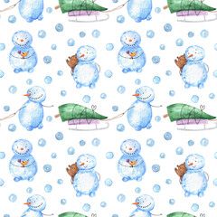 Hand drawn seamless pattern with three snowman and little friens bird and bear on back waving hello and snoflakes,christmas tree on sleigh.Christmas snow winter new year background