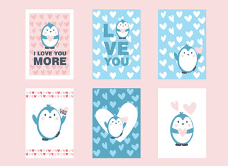 Happy Valentine's day card with abstract cartoon penguin and hearts