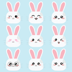 Cute kawaii rabbit cartoon emoji. Set of cute bunny stickers. Hand drawn kawaii face collection.
