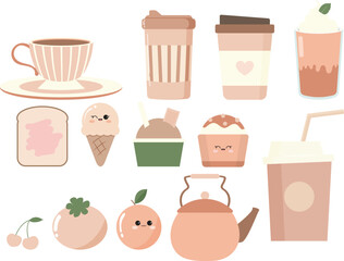 Set of kawaii coffee cup, tea cup, ice cream, cupcake, fruit and vegetable sticker. Cute Kawaii cartoon set food decoration pattern.