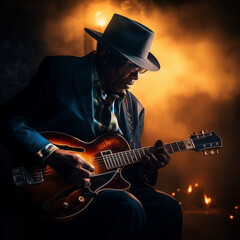 Bluesman play on guitar blues rock under stage light. Festival music concert with songs. Black skin guitarist in hat. Retro style.	 - obrazy, fototapety, plakaty