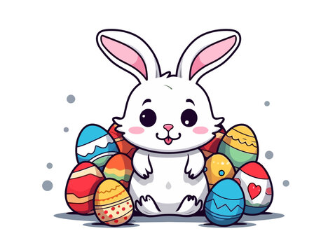 Doodle Easter Bunny with eggs, cartoon sticker, sketch, vector, Illustration, minimalistic