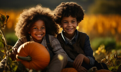 Naklejka premium Friends, black boys picking pumpkins on an autumn sunny day, big beautiful pumpkin, go pick pumpkins, pumpkin patch