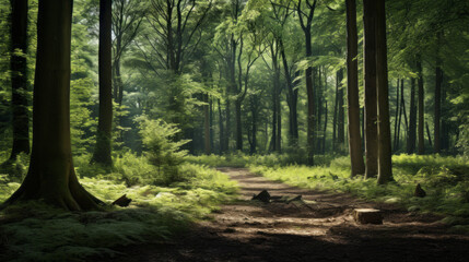 Obraz premium A dense forest looms in the distance, its towering trees casting a deep shadow over the surrounding area A small path winds through the trees, leading to mysterious places