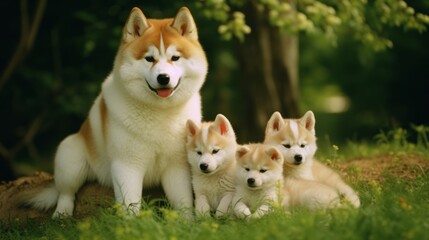 Naklejka na ściany i meble Akita Inu Family - Capturing Parental Care and Canine Lineage