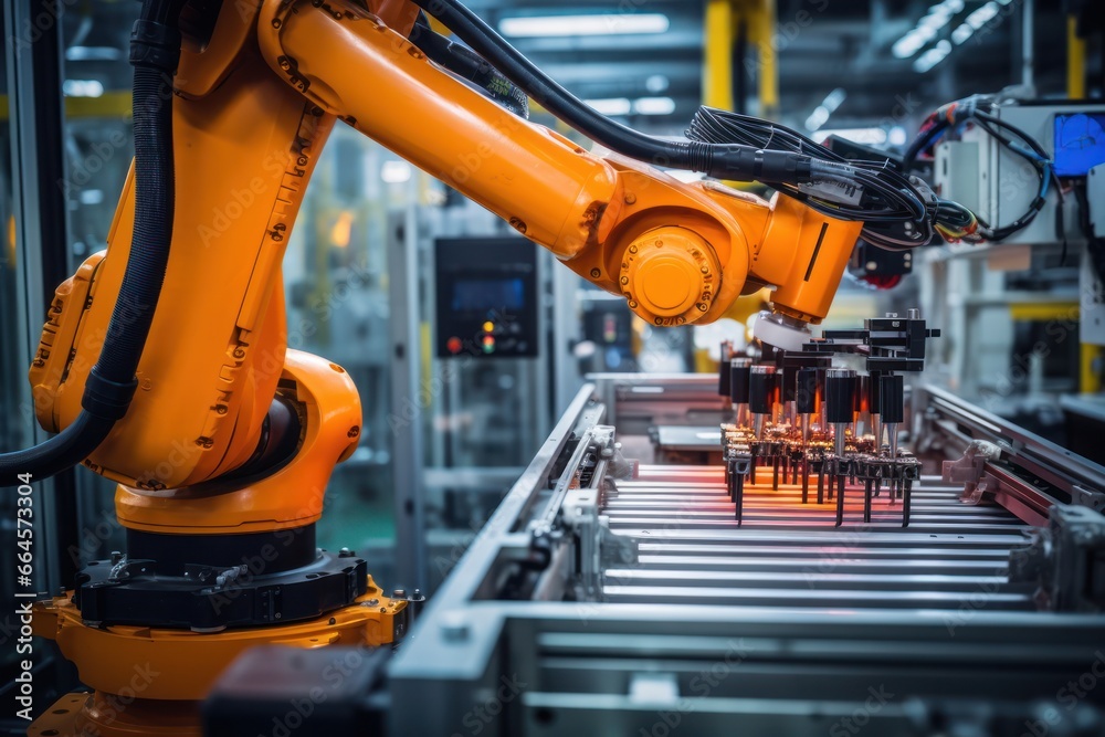 Poster robotic arm, under ai's guidance, meticulously engineers electronics on an assembly line