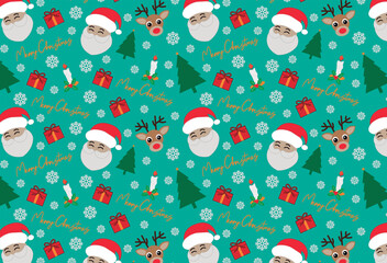 Festive Aqua Green Christmas Pattern with Santa, Reindeer, Candle, Pine, and Snow