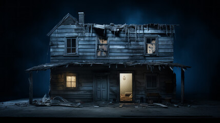 A derelict house stands alone in the night, its broken windows and boarded up doors an eerie reminder of its past 