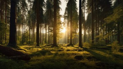 A dense forest of tall trees stretches out into the horizon, the setting sun creating a beautiful canopy of golden light 